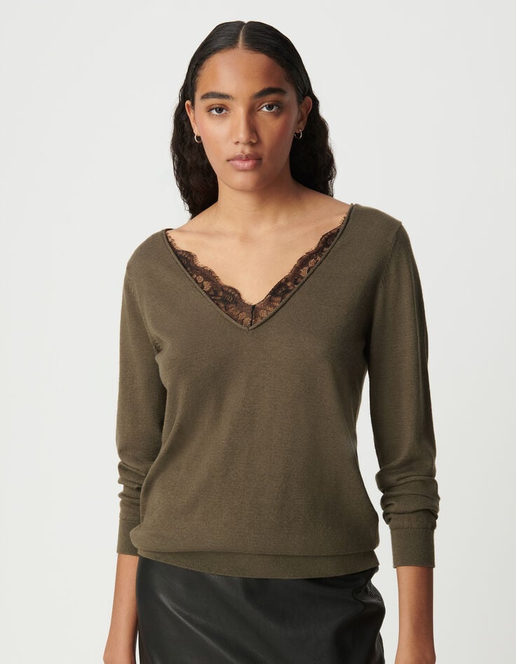 Ikks Pull Kaki Encolure Devant Dos En Dentelle Femme