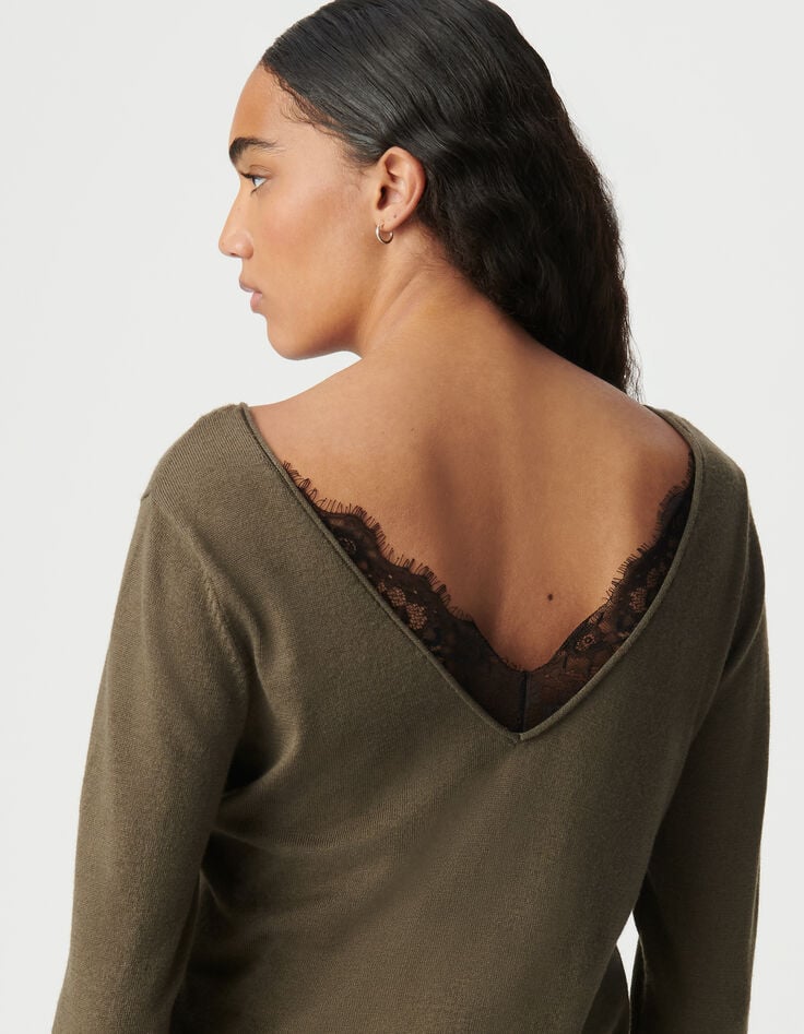 Ikks Pull Kaki Encolure Devant Dos En Dentelle Femme