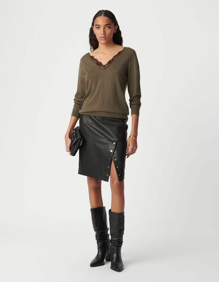 ikks Pull kaki encolure devant dos en dentelle femme