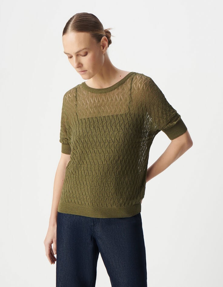 Ikks Pull Kaki Tricot Lurex Ajouré Encolure V Dos Femme