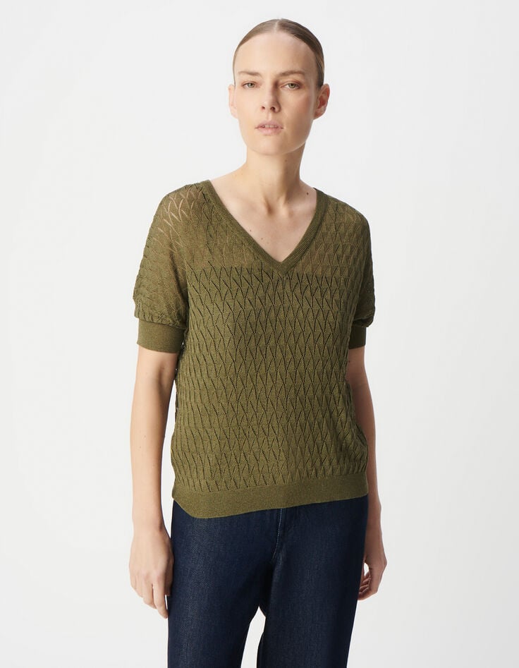 Ikks Pull Kaki Tricot Lurex Ajouré Encolure V Dos Femme