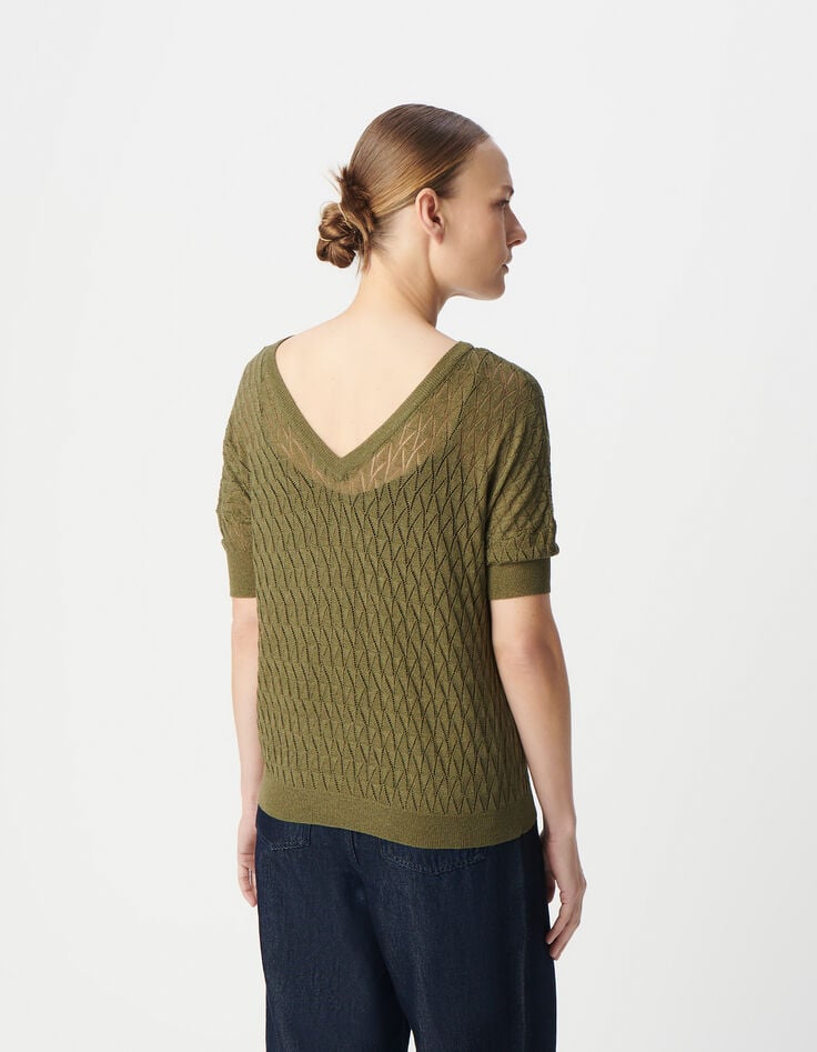 Ikks Pull Kaki Tricot Lurex Ajouré Encolure V Dos Femme