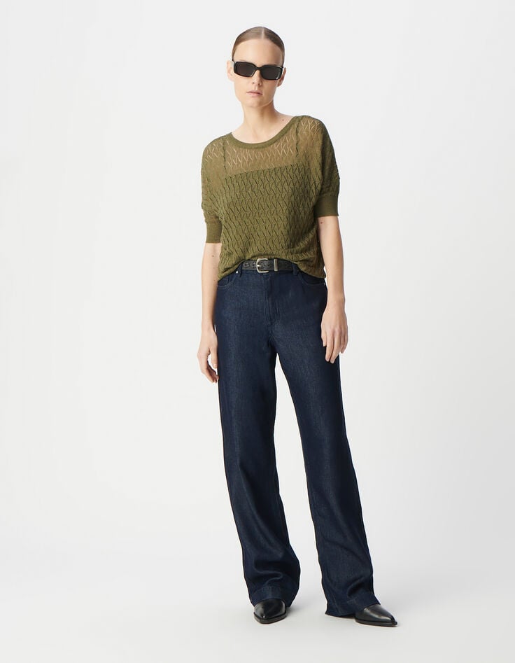 ikks Pull kaki tricot lurex ajouré encolure V dos Femme