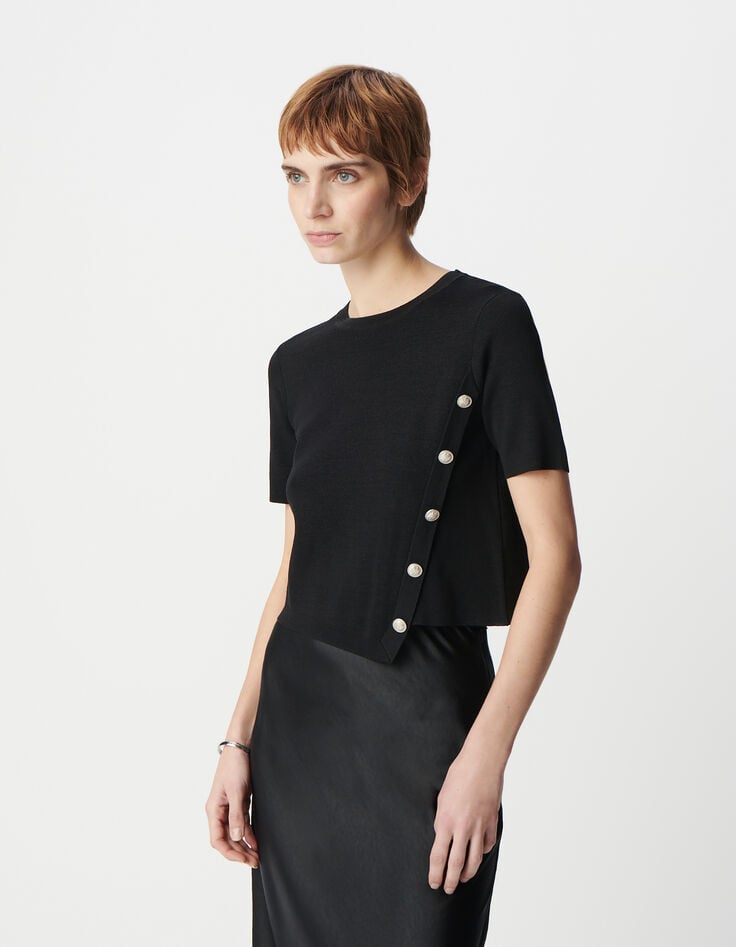 Ikks Pull Manche Courte Noir Tricot Asymétrique Décor Boutons Femme