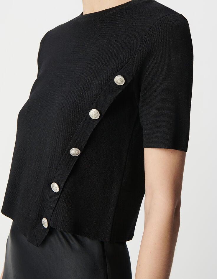 Ikks Pull Manche Courte Noir Tricot Asymétrique Décor Boutons Femme