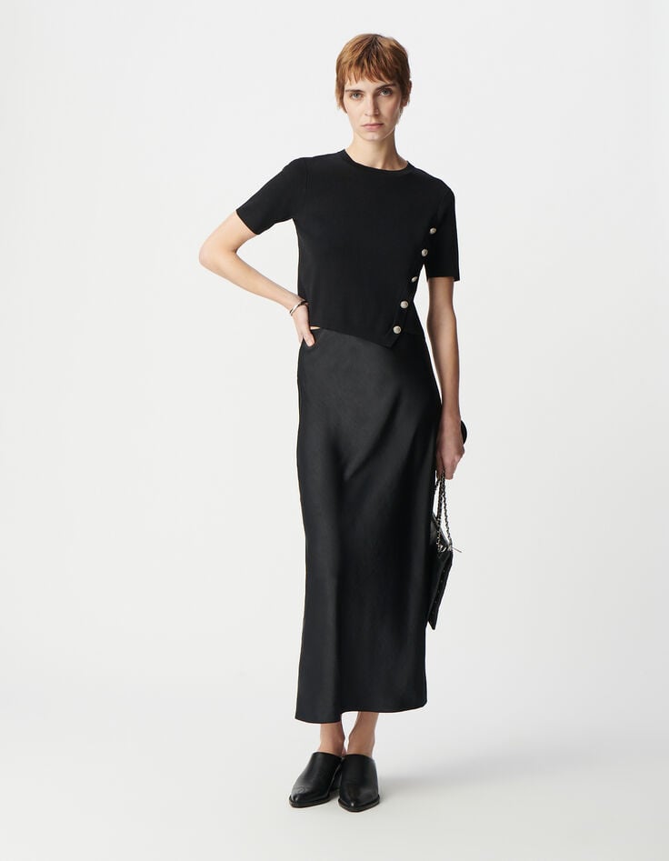 ikks Pull manche courte noir tricot asymétrique décor boutons Femme