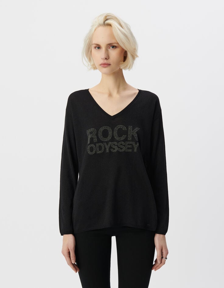 Ikks Pull Manche Longue Noir Tricot Lurex Message Clouté Femme