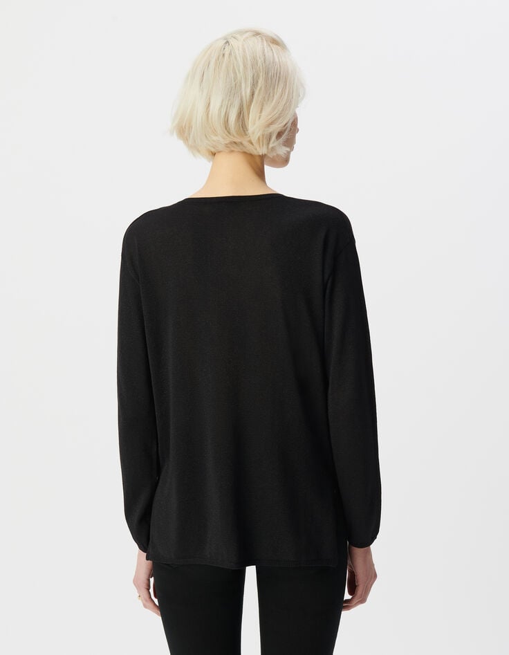 Ikks Pull Manche Longue Noir Tricot Lurex Message Clouté Femme