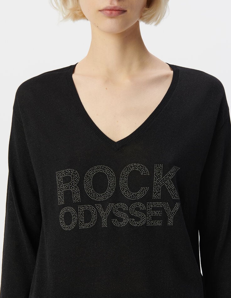 Ikks Pull Manche Longue Noir Tricot Lurex Message Clouté Femme