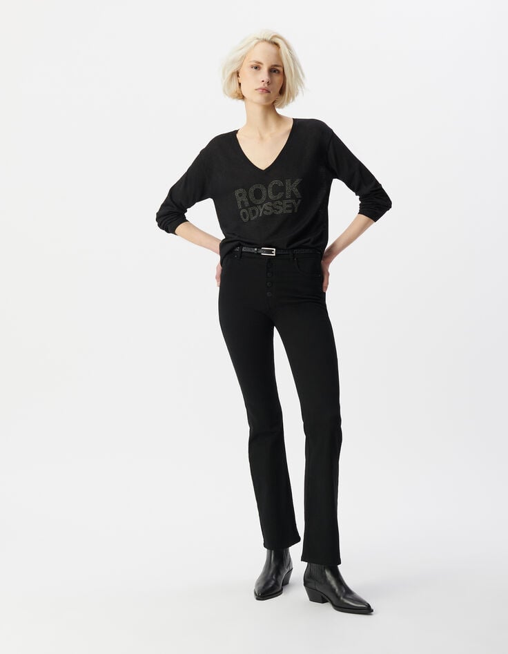 ikks Pull manche longue noir tricot lurex message clouté Femme