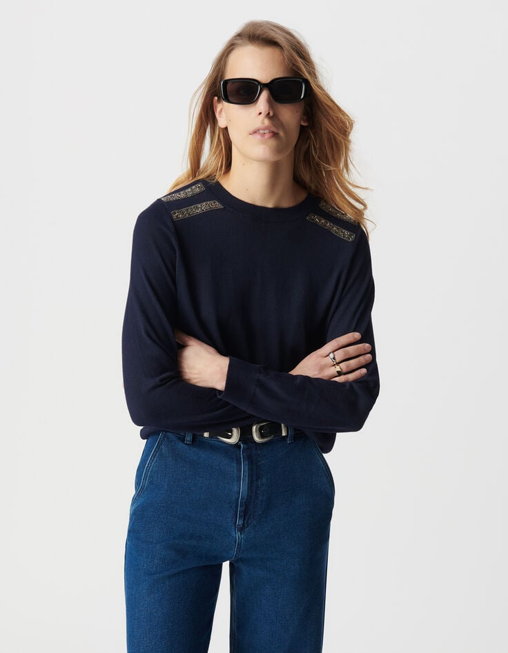 Ikks Pull Marine Tricot Décor Broderies Perles Femme