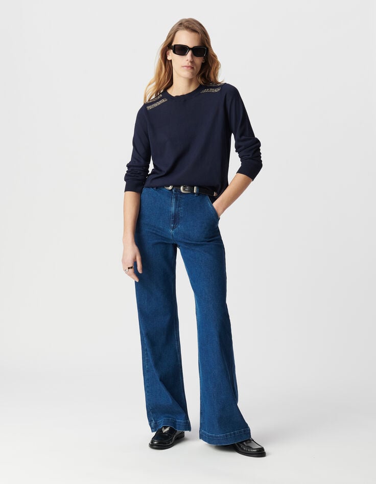 ikks Pull marine tricot décor broderies perles Femme