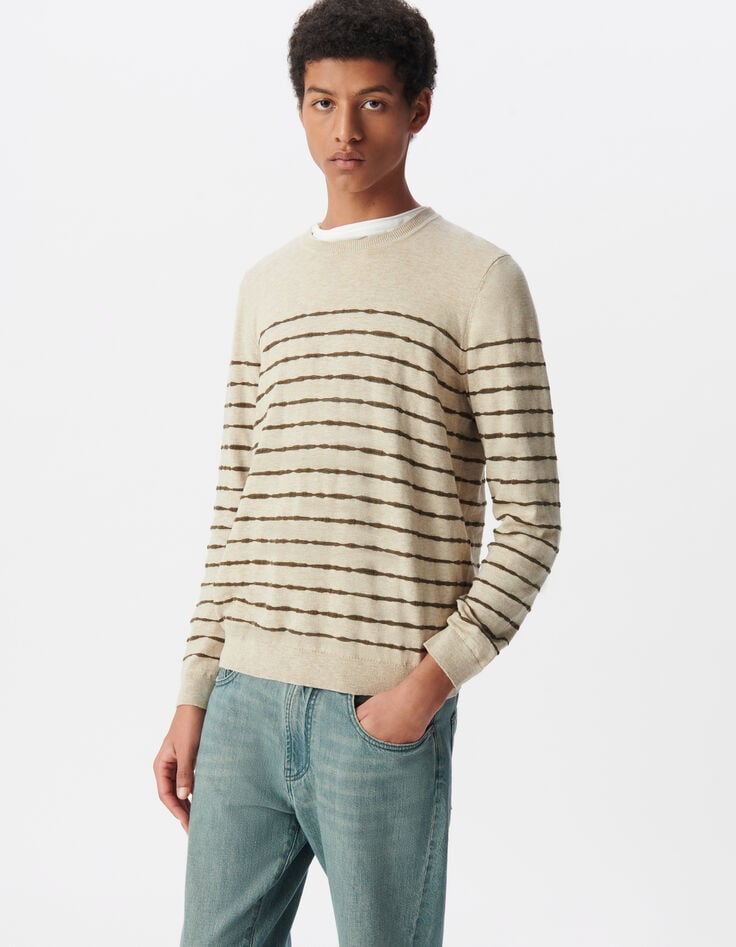 Ikks Pull Marinière Beige Tricot Fin Rayures Kaki Homme