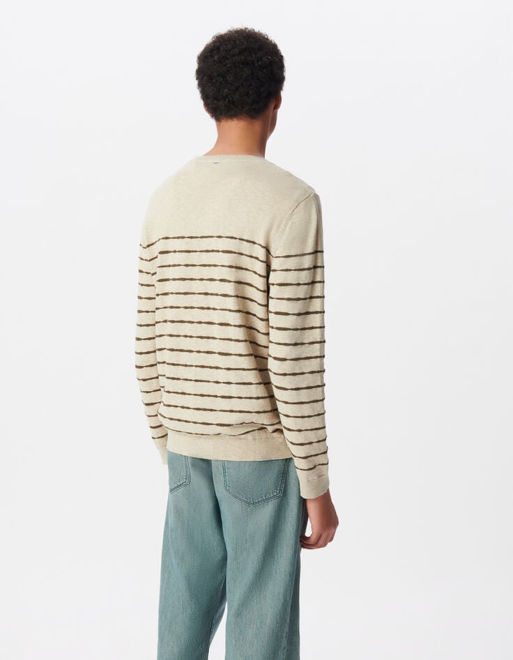 Ikks Pull Marinière Beige Tricot Fin Rayures Kaki Homme