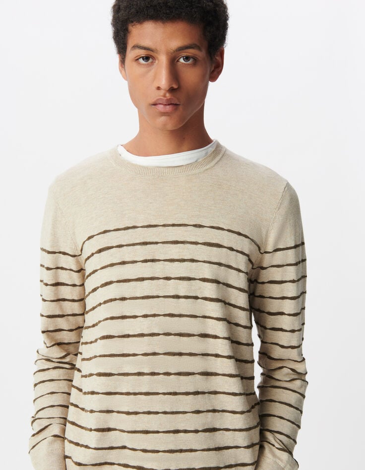 Ikks Pull Marinière Beige Tricot Fin Rayures Kaki Homme