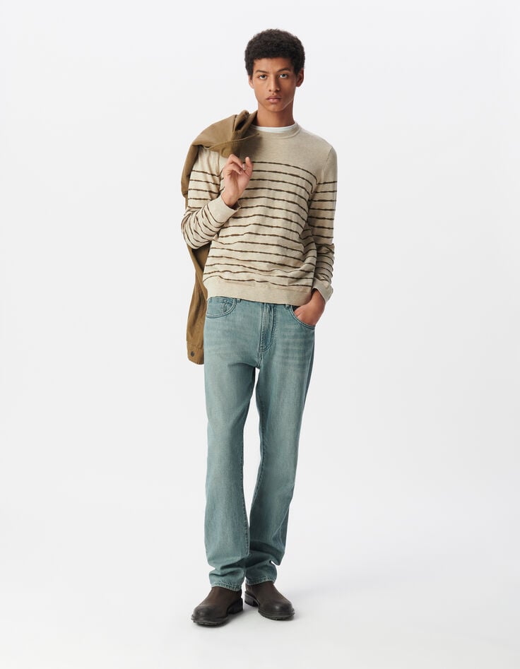 ikks Pull marinière beige tricot fin rayures kaki Homme