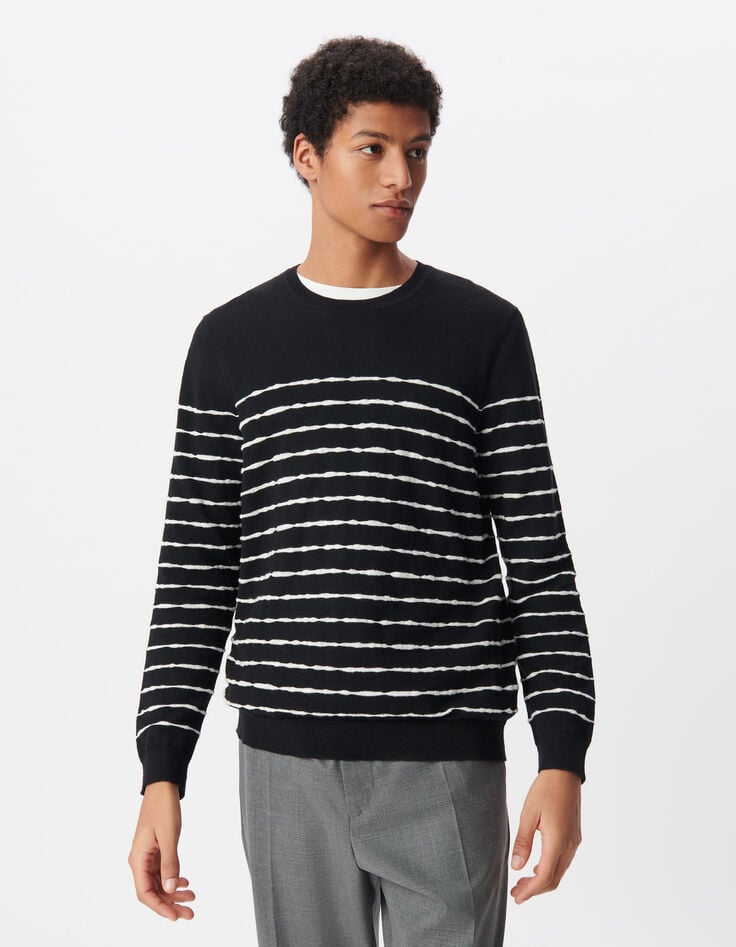 Ikks Pull Marinière Noir Tricot Fin Rayures Blanches Homme