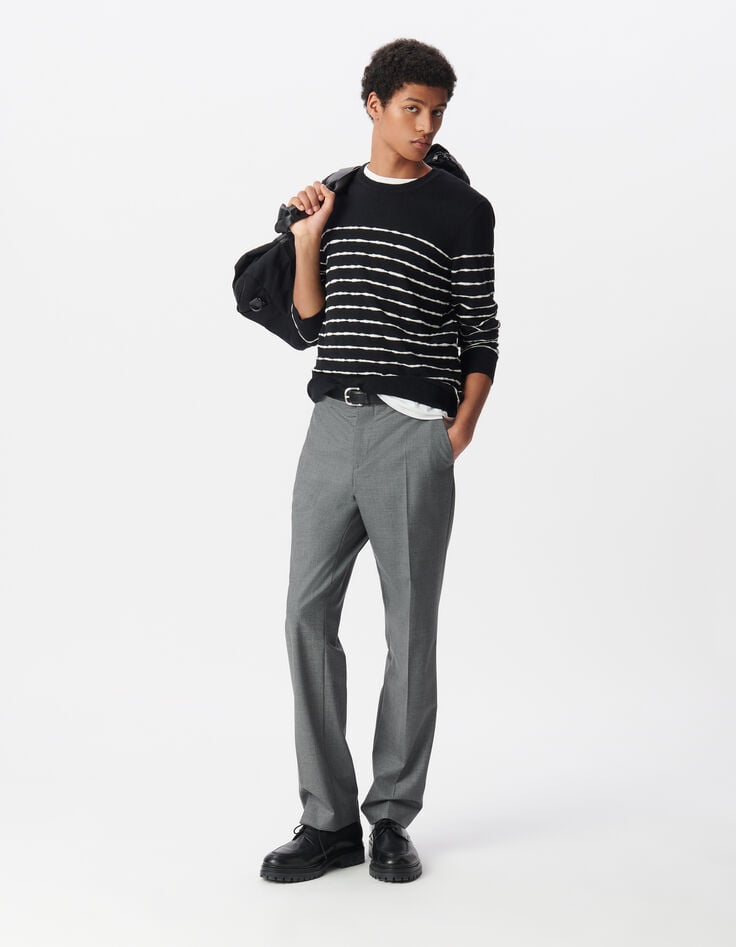 ikks Pull marinière noir tricot fin rayures blanches Homme