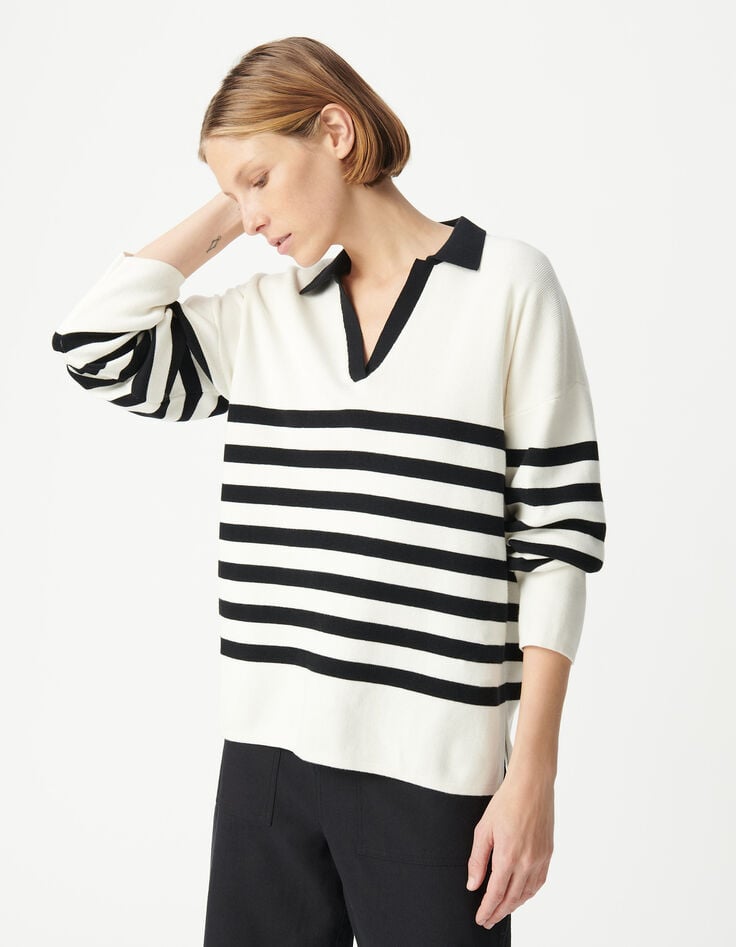 Ikks Pull Marinière Tricot Rayé Noir Et écru Col Polo Contrasté Femme