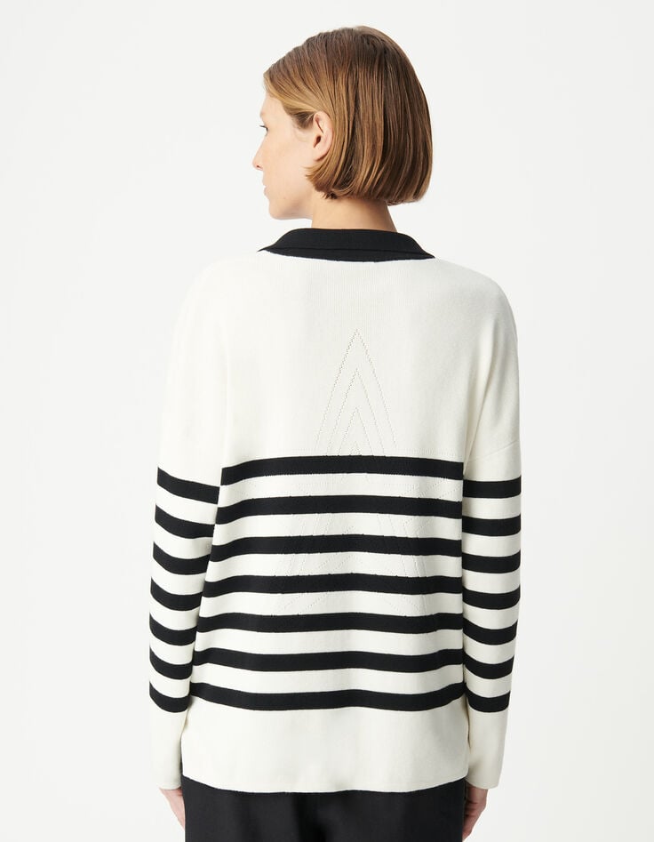Ikks Pull Marinière Tricot Rayé Noir Et écru Col Polo Contrasté Femme
