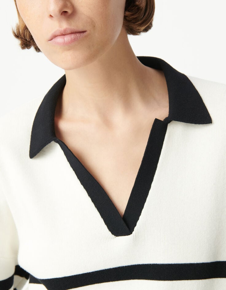 Ikks Pull Marinière Tricot Rayé Noir Et écru Col Polo Contrasté Femme