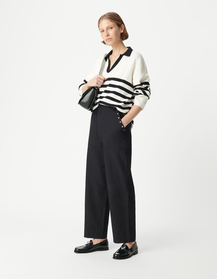 ikks Pull marinière tricot rayé noir et écru col polo contrasté Femme