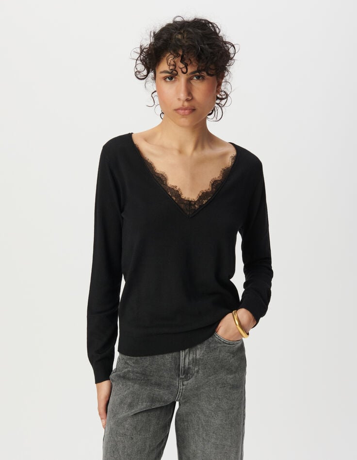 Ikks Pull Noir Maille Tricot Encolure V Apport Dentelle Femme