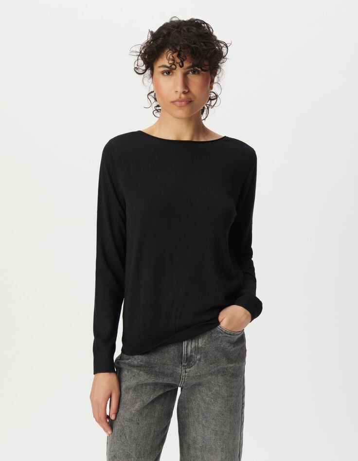 Ikks Pull Noir Maille Tricot Encolure V Apport Dentelle Femme