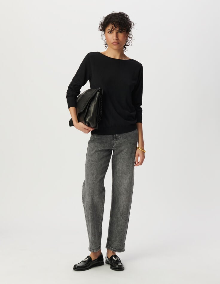 ikks Pull noir maille tricot encolure V apport dentelle femme