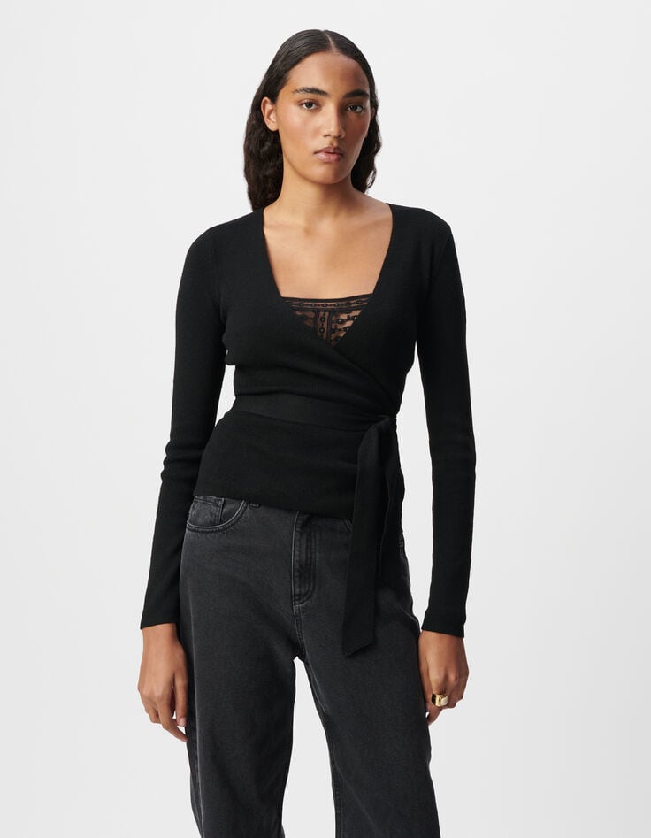 Ikks Pull Noir Tricot Forme Cache-coeur Ceinturé Côté Femme