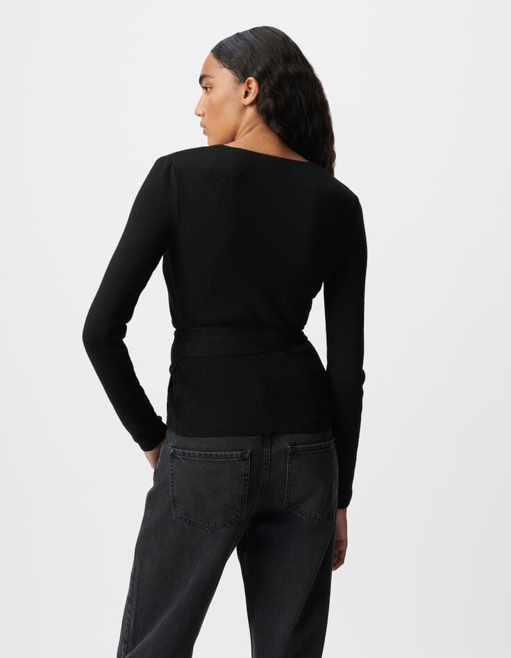 Ikks Pull Noir Tricot Forme Cache-coeur Ceinturé Côté Femme