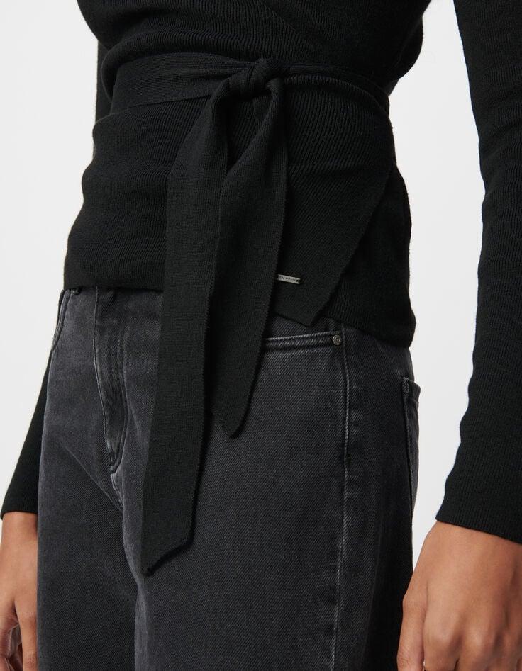 Ikks Pull Noir Tricot Forme Cache-coeur Ceinturé Côté Femme