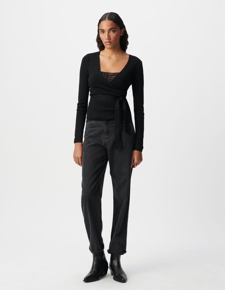 ikks Pull noir tricot forme cache-coeur ceinturé côté Femme