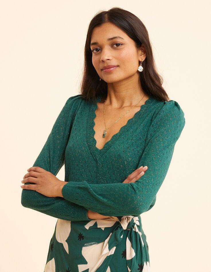 Ikks Pull Vert Lurex Tricot Ajouré Effet Cache-cœur I.Code