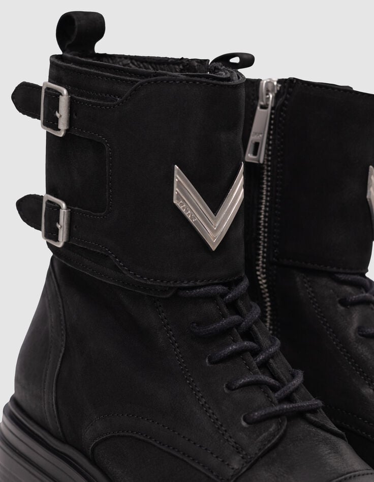 Ikks Ranger Boots Noires Cuir Nubuck Ligne 111 Femme