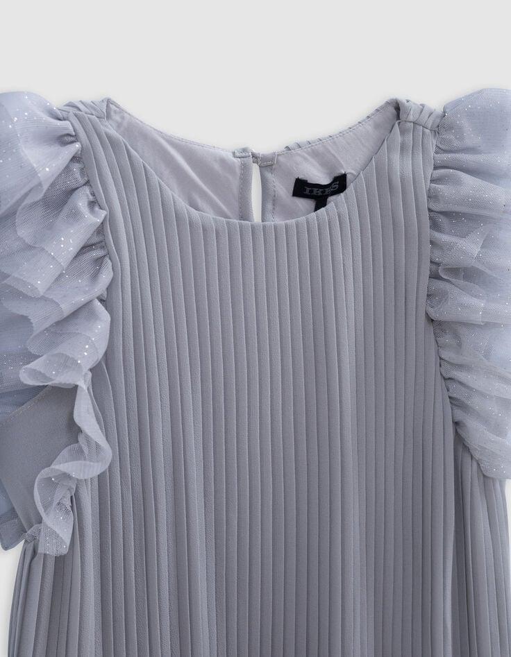 Ikks Robe Argentée Plissée Manches Tulle Plumetis Fille
