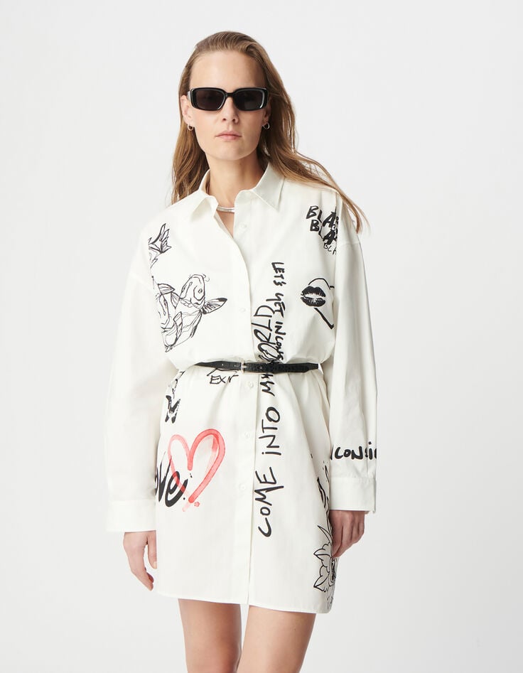 Ikks Robe Chemise Blanche Oversize Maxi Dessins Femme