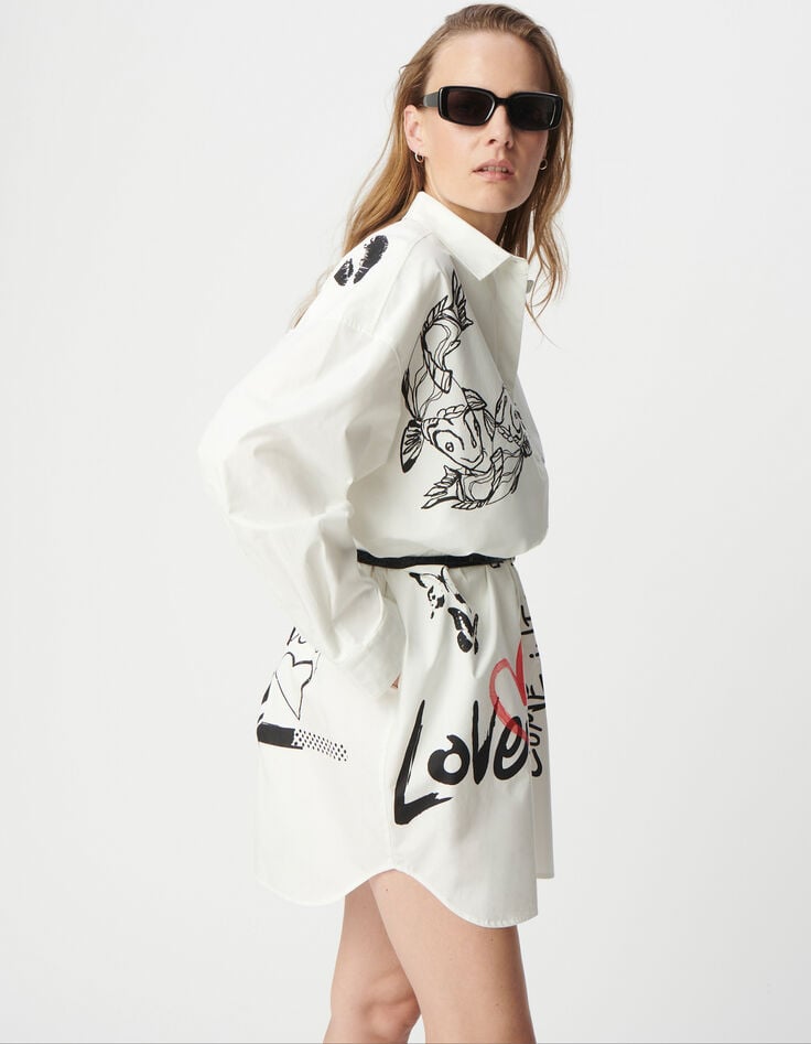 Ikks Robe Chemise Blanche Oversize Maxi Dessins Femme