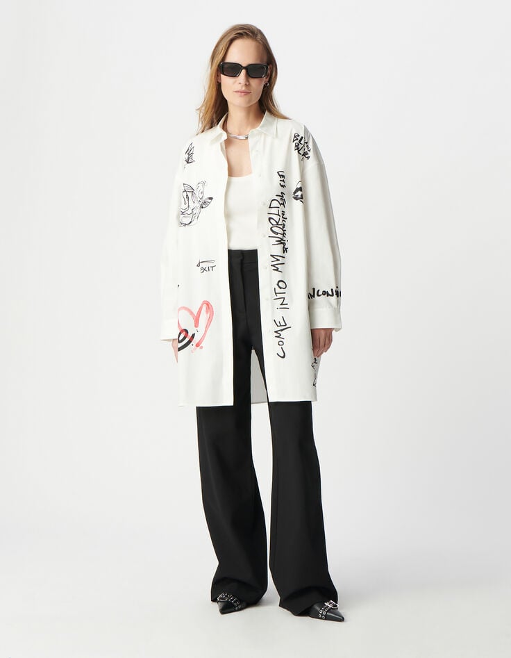 ikks Robe chemise blanche oversize maxi dessins Femme