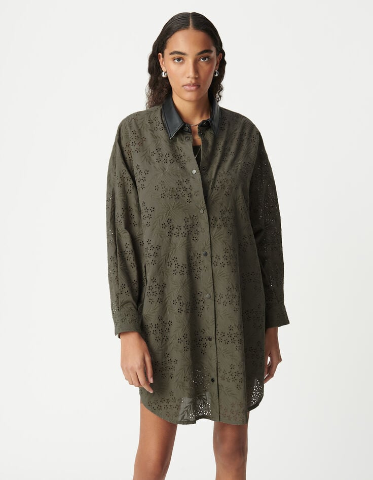 Ikks Robe Chemise Kaki Coton Bio Broderie Anglaise Femme