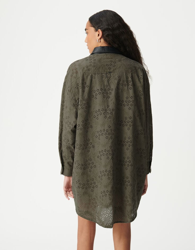 Ikks Robe Chemise Kaki Coton Bio Broderie Anglaise Femme