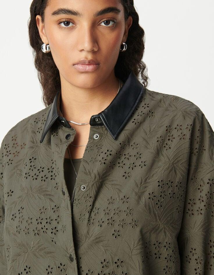 Ikks Robe Chemise Kaki Coton Bio Broderie Anglaise Femme