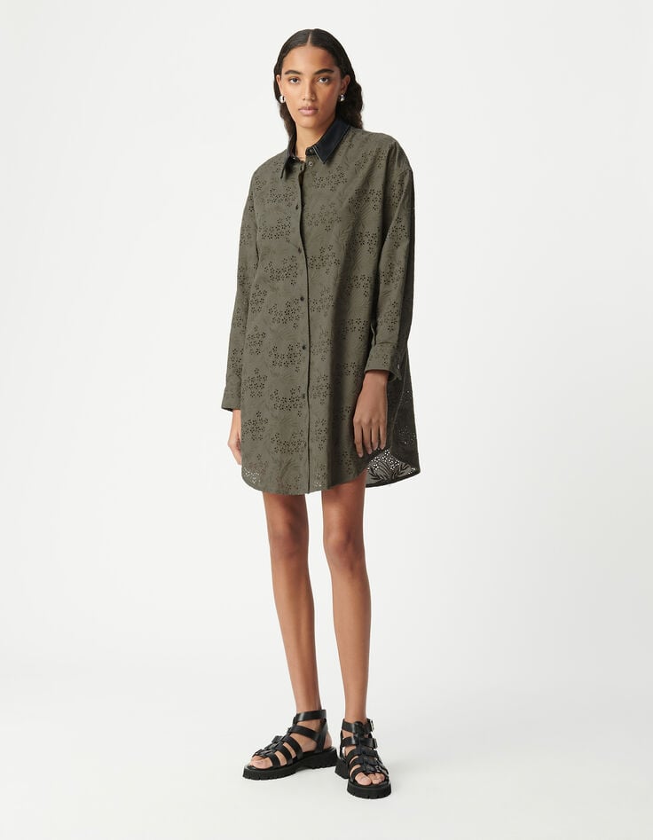 ikks Robe chemise kaki coton bio broderie anglaise Femme