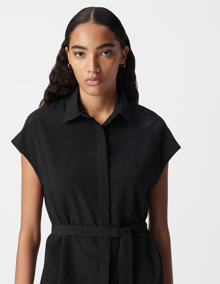 Ikks Robe Chemise Noire Polyester Recyclé Motif Strass Femme