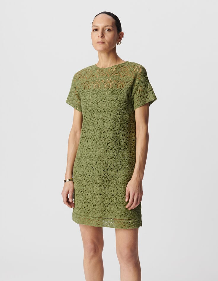Ikks Robe Courte Verte Coton Bio Dentelle Crochet Femme