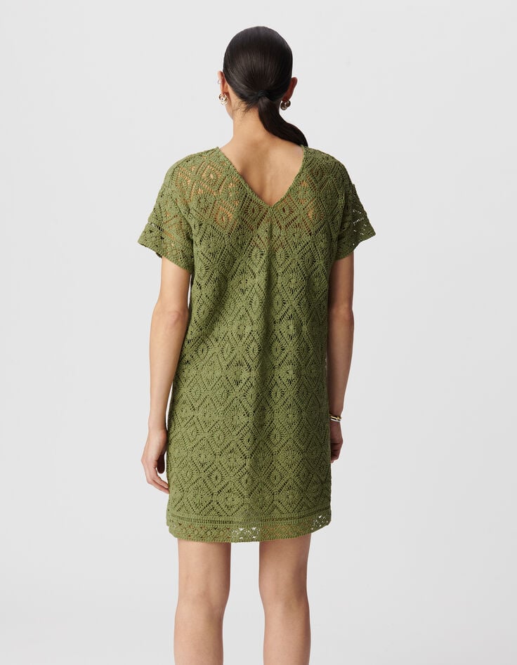 Ikks Robe Courte Verte Coton Bio Dentelle Crochet Femme