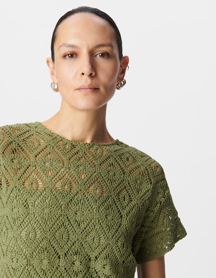 Ikks Robe Courte Verte Coton Bio Dentelle Crochet Femme