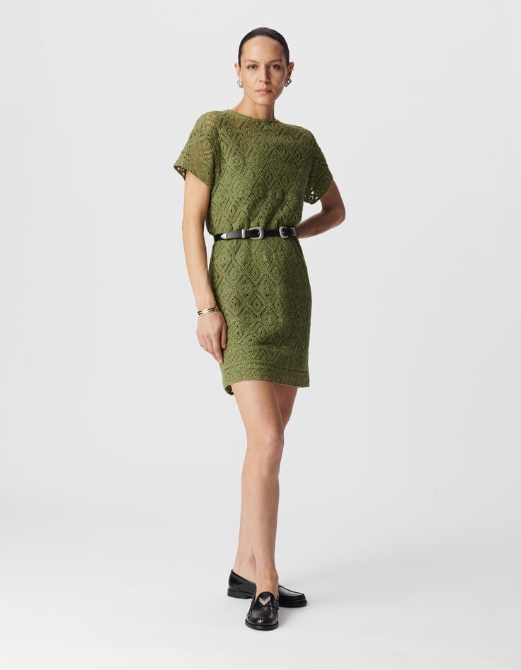ikks Robe courte verte coton bio dentelle crochet Femme