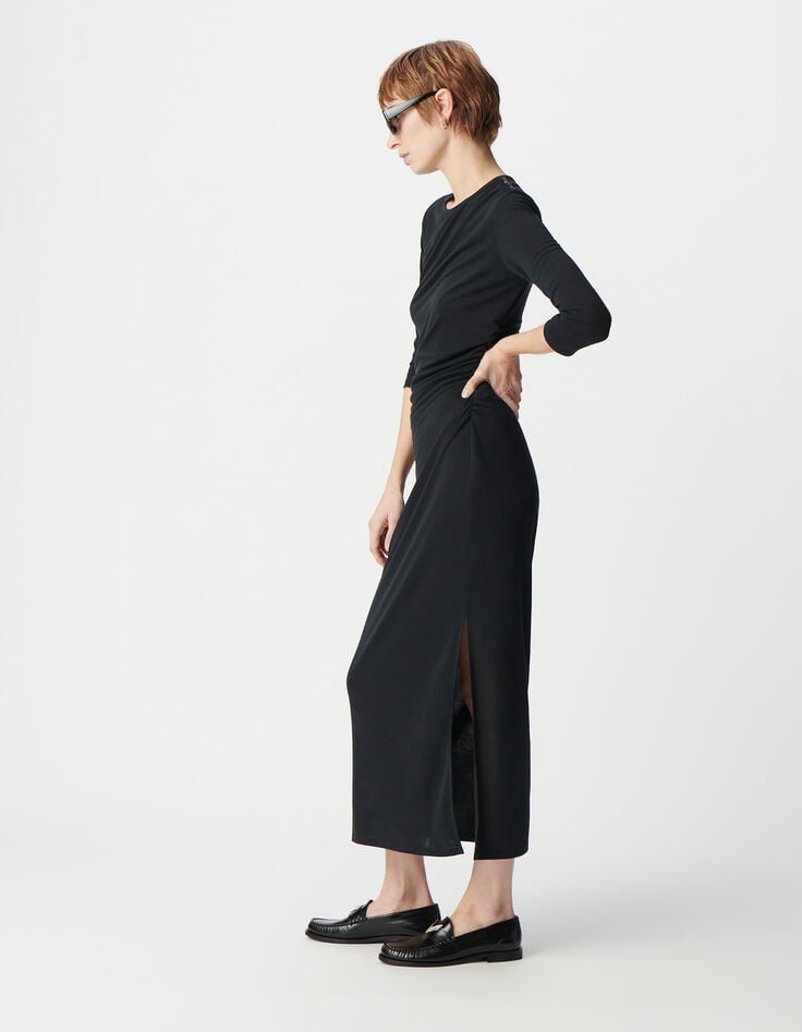 Ikks Robe De Soirée Noire Fronces Côtés Et Strass épaules Femme