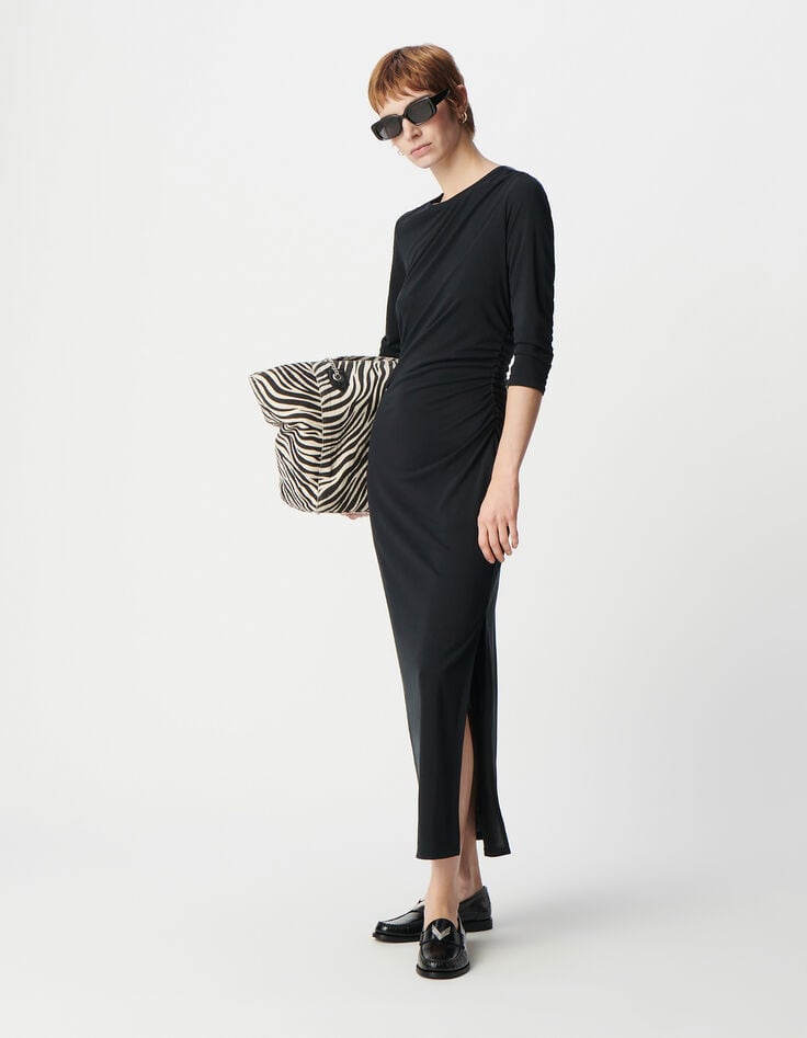 ikks Robe de soirée noire fronces côtés et strass épaules Femme